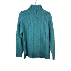 WoolOvers Turtle Neck Cable Jumper Sweater Womens Medium Teal Chunky Cable Knit